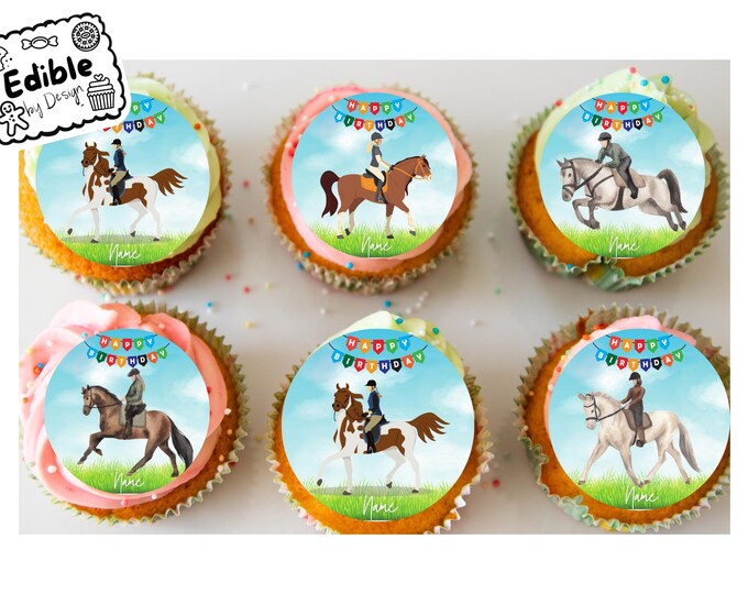 Pony Horse Show Jumping Equestrian Personalised Birthday 2" Cupcake Toppers x 15 Edible Circles printed with edible ink. Horse Pony Toppers