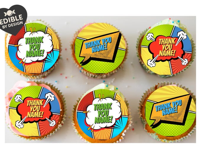 Thank You Personalised Cake Toppers: Fun Retro Design Edible Image Circles on Icing or Wafer
