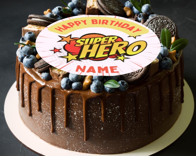 Super Hero Theme Round Birthday 1 x 8" Cake Topper Edible Circle printed with edible ink Personalised with Name of your choice! Spiderman