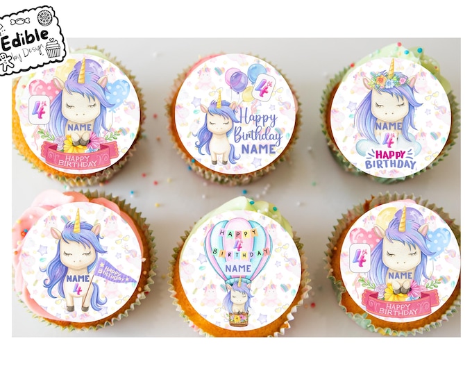 Unicorn Theme Birthday Cupcake Toppers Edible Circles printed with edible ink Personalised with Name and Age of your choice! 2" 2.5" 3" 4"