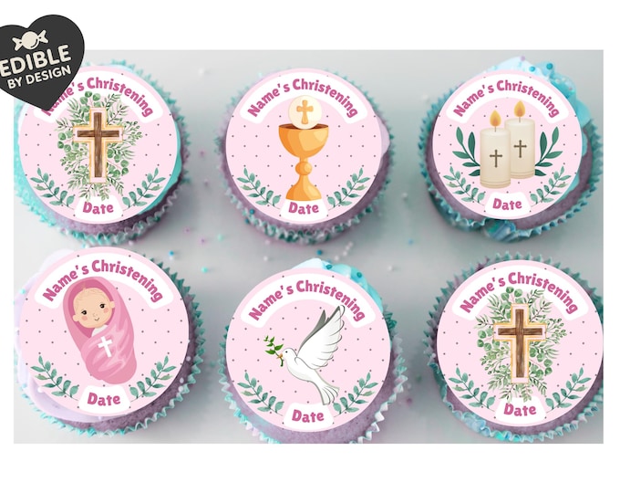 Pink Christening Cake Toppers Edible icing or wafer printed with edible ink matching Invitations Stickers Balloon Party Pack