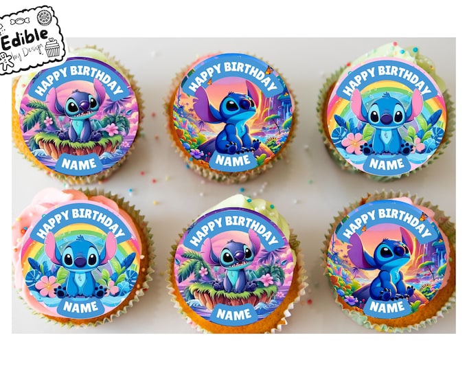 Stitch Tropical Theme Birthday Party Cupcake Toppers Edible Circles printed with edible ink Personalised Name & Age of your choice 2" 3" 4"