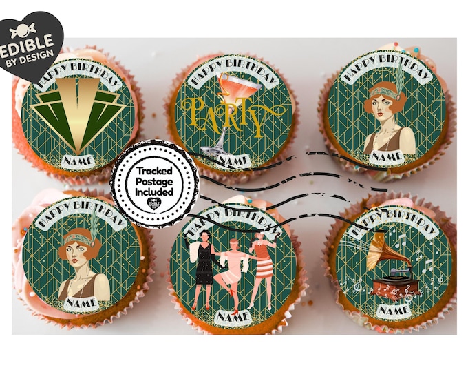 The Great Gatsby 1920 Theme Birthday Personalised Cake Toppers matching Invitations Stickers Balloon Party Pack
