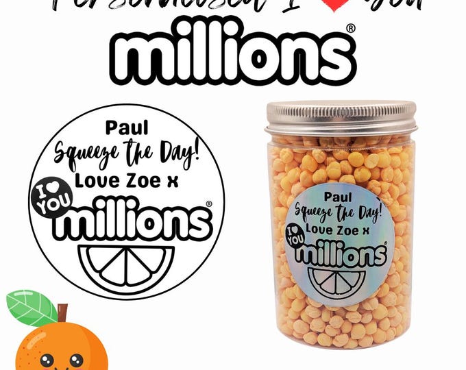 Orange I Love You Millions - Round Jar Personalised with your choice of names on sticker - Cute Gift Perfect Birthday, Anniversary