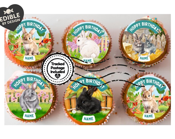 Personalised Rabbit Garden Cake Toppers: Edible Icing or Wafer matching Invitations Stickers Balloon Party Pack