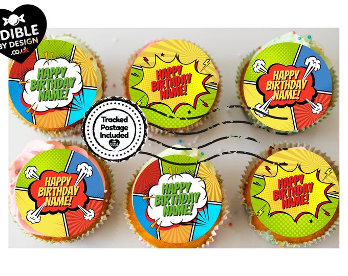 Happy Birthday Personalised Cake Toppers: Fun Retro Design Edible Image Circles on Icing or Wafer