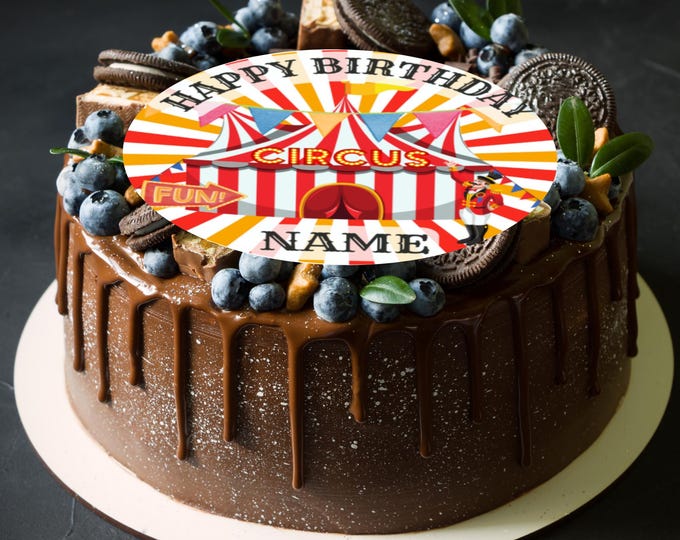 Personalised Circus Large Round Cake Topper: Big Top, Clown, Acrobat, Edible Ink on Icing or Wafer