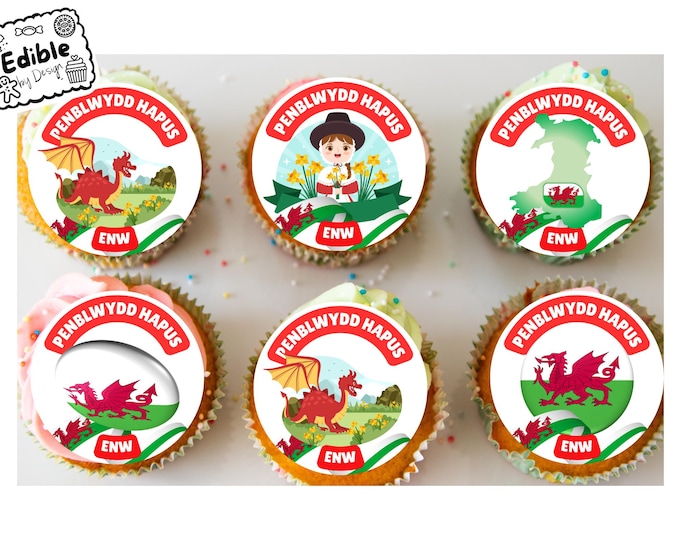 Welsh Penblwydd Hapus Happy Birthday Personalised Cupcake Toppers Edible Circles printed with edible ink. Wales decoration cupcakes 2" 3" 4"