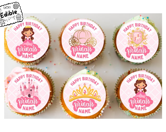 Personalised Pink Princess Birthday Cupcake Toppers Edible Circles printed with edible ink on Icing or Wafer