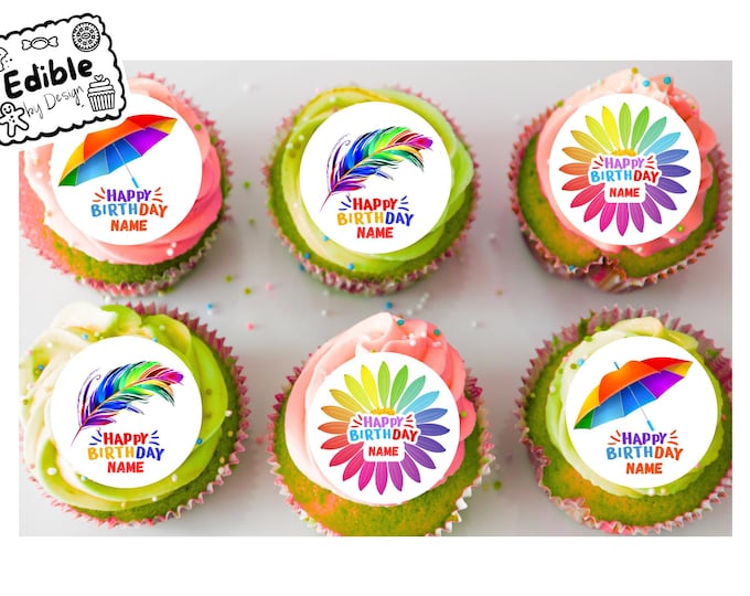 Personalised Bright Rainbow Birthday 2" Cupcake Toppers x 15 Edible Circles printed with edible ink. Fun theme decoration colourful cupcakes