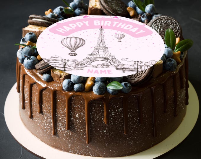 Pink Paris Theme Round Birthday 8" Cake Topper x 1 Edible Circle printed with edible ink Personalised with Name of choice Girls Woman Party