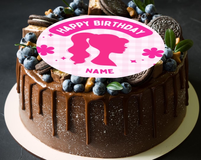 Pink Barbie Theme Round Birthday 8" Cake Topper x 1 Edible Circle printed with edible ink Personalised with name of your choice Girls Party