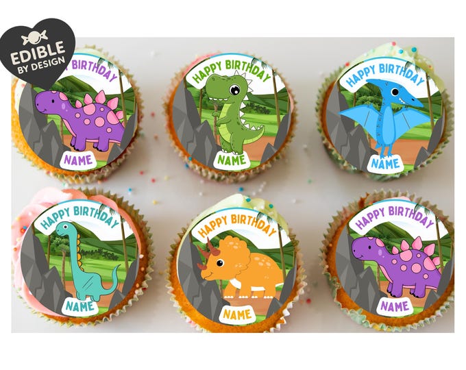 Cartoon Dinosaur Personalised Name Age Birthday Cake Toppers matching Invitations Stickers Balloon Party Pack