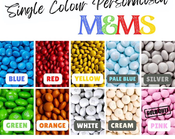 Chocolate M&Ms personalised choice of image, logo photo or text Single Colour Red Yellow Orange Blue Green White Cream Silver Pale Blue