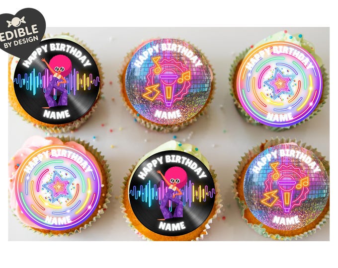 Disco Party Birthday Cake Toppers Edible Images on Icing or Wafer: Stickers Invites Balloon