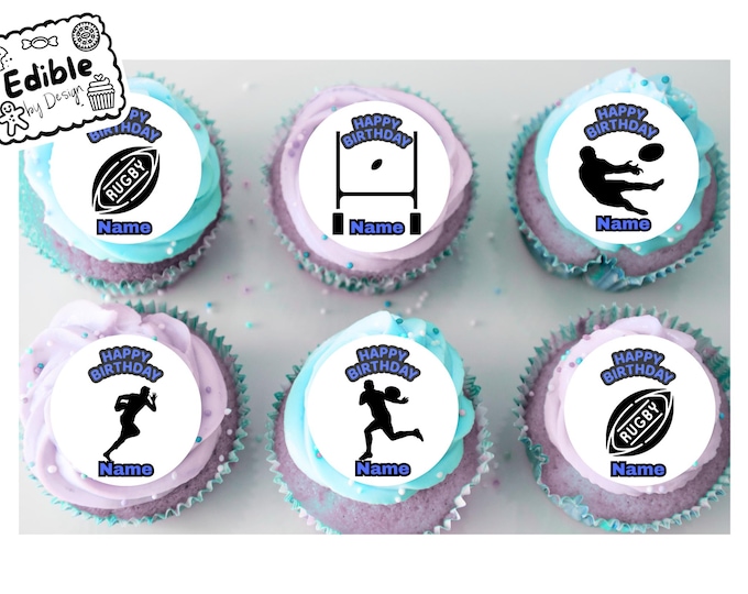 Rugby Football Personalised Birthday 2" Cupcake Toppers x 15 Edible Circles printed with edible ink. Rugby decoration cupcakes