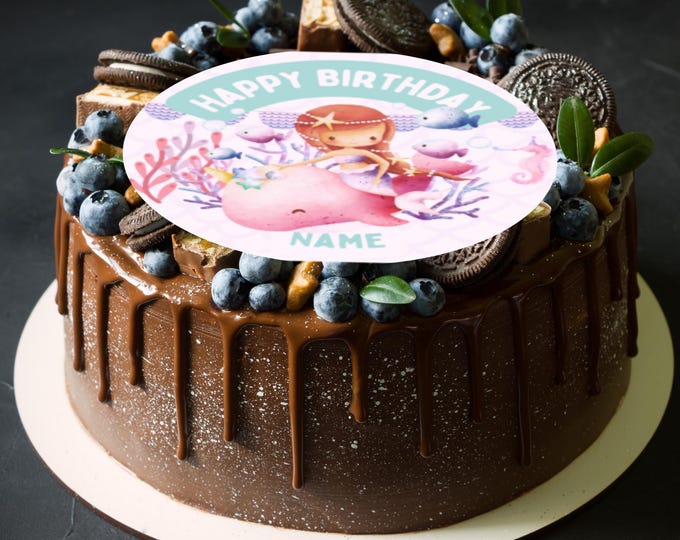 Mermaid Sea Theme Round Birthday 8" Cake Topper x 1 Edible Circle printed with edible ink Personalised with name of your choice Girls Party