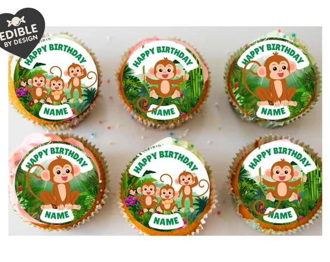 Cheeky Monkey Theme Personalised Birthday Cake Toppers Icing or Wafer