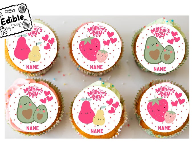 Mothers Day Mum & Baby Personalised Cupcake Toppers Edible Circles printed edible ink. Perfect cute themed Cake Toppers for Mum Mom 2" 3" 4"