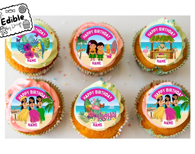 Hawaii Theme Birthday 2" Cupcake Toppers x 15 Edible Circles printed with edible ink Personalised with Name of your choice Tropical Party