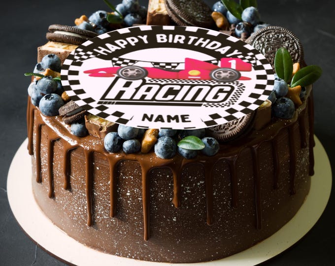 Race Car Theme Round Birthday 8" Cake Topper x 1 Edible Circle printed with edible ink Personalised Name of your choice Racing Formula 1 Car