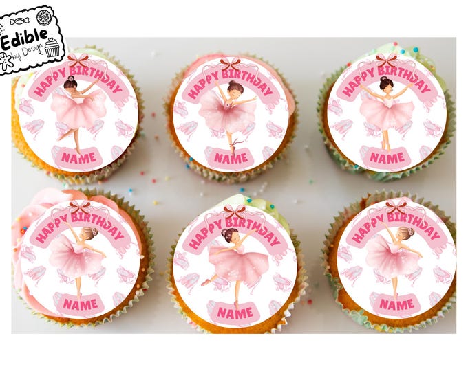 Personalised Pink Ballerina Birthday Cupcake Toppers Edible Circles printed with edible ink on Icing or Wafer