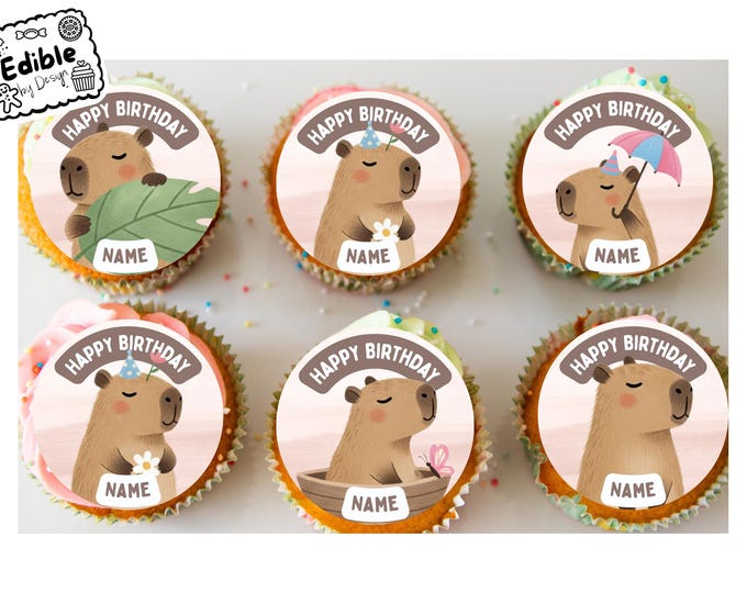 Personalised Capybara Cupcake Toppers: Edible Icing or Wafer