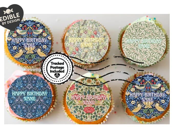 Personalised William Morris Design Cake Toppers: Edible Icing or Wafer, Stickers and Foil Balloon