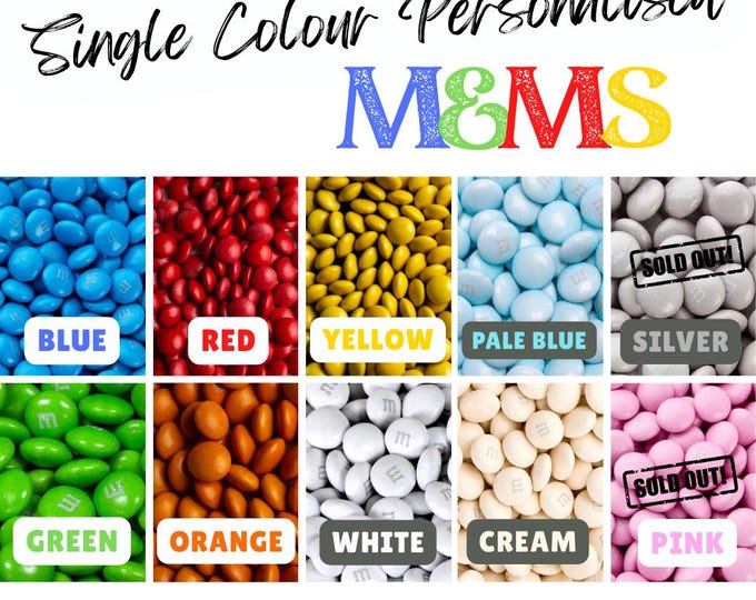 Chocolate M&Ms personalised choice of image, logo photo or text Single Colour Red Yellow Orange Blue Green White Cream Silver Pale Blue