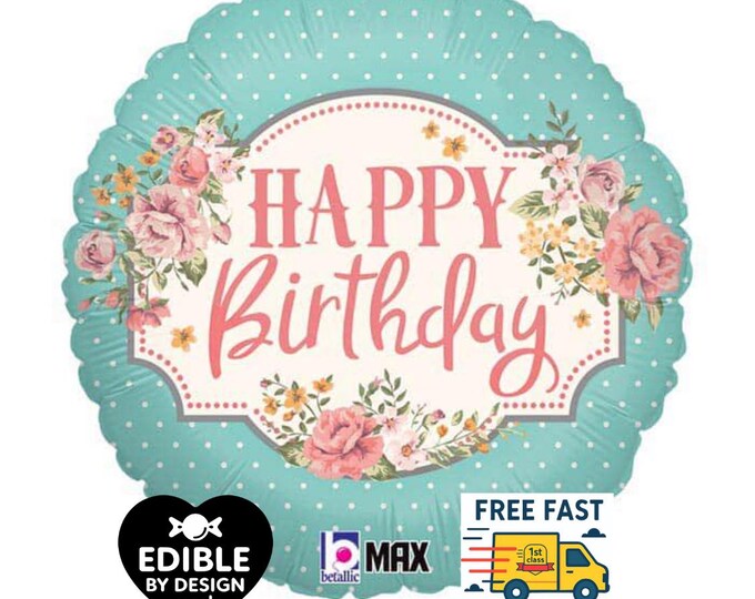 Pretty Floral Vintage Style Foil Balloon - 18" round inflated - Balloon for Helium or Air