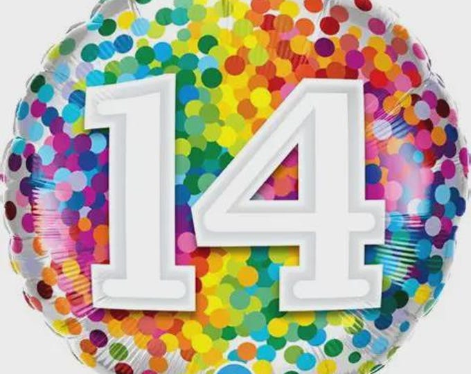 Rainbow Confetti Foil Number 14 Balloon - Qualatex - 18" round Balloon for Helium or Air
