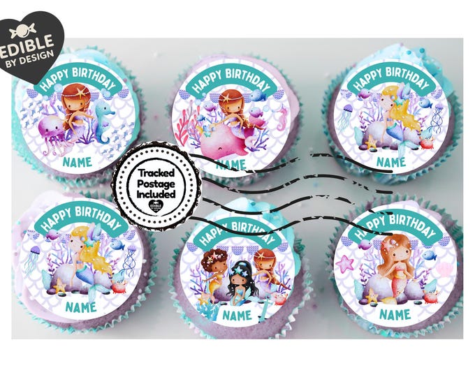 Mermaid Sea Theme Birthday Cupcake Toppers Edible Circles matching Invitations Stickers Balloon