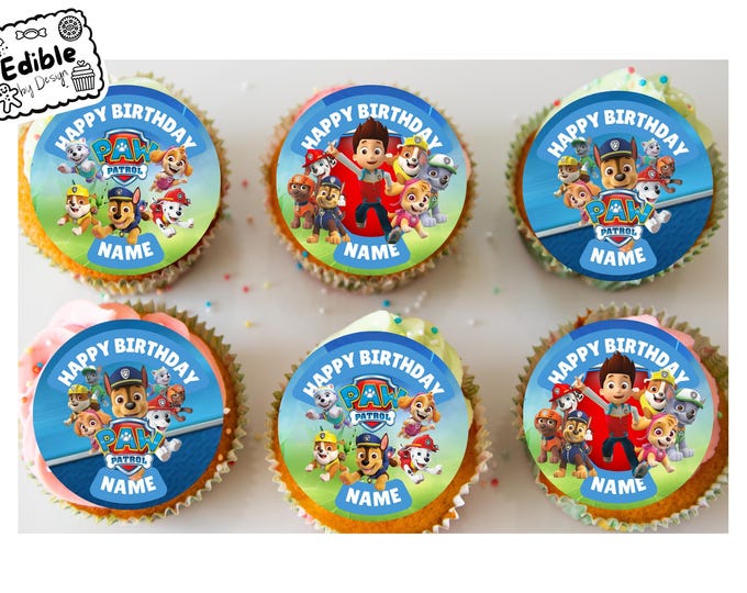 Paw Patrol Theme Birthday Party Cupcake Toppers Edible Circles printed with edible ink Personalised Name of your choice 2" 2.5" 3" 4"