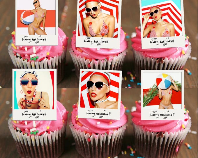 Polaroid Photo Stand Up Cupcake Toppers x 6 Edible Toppers printed with edible ink, your photo text of your choice on edible wafer card