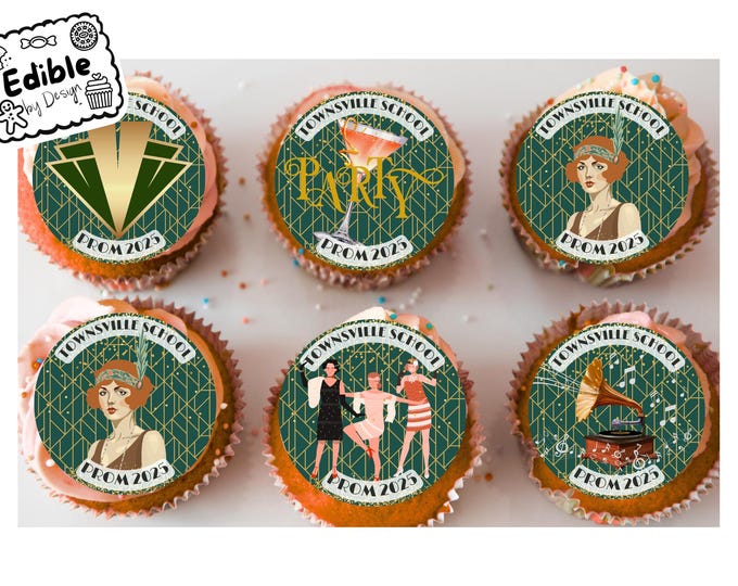 Prom The Great Gatsby 1920 Theme Personalised 2" Cupcake Toppers x 15 Edible Circles printed with edible ink. 1920s decoration cupcakes