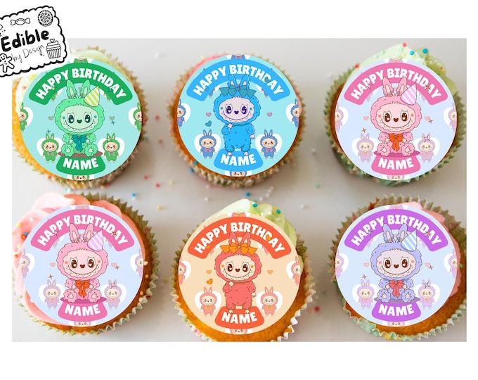 Labubu Pastel Theme Birthday Party Cupcake Toppers Edible Circles printed with edible ink Personalised Name of your choice 2" 2.5" 3" 4"