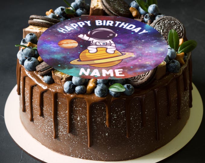 Space Astronaut Theme Round Birthday 8" Cake Topper x 1 Edible Circle printed with edible ink Personalised with name of your choice!