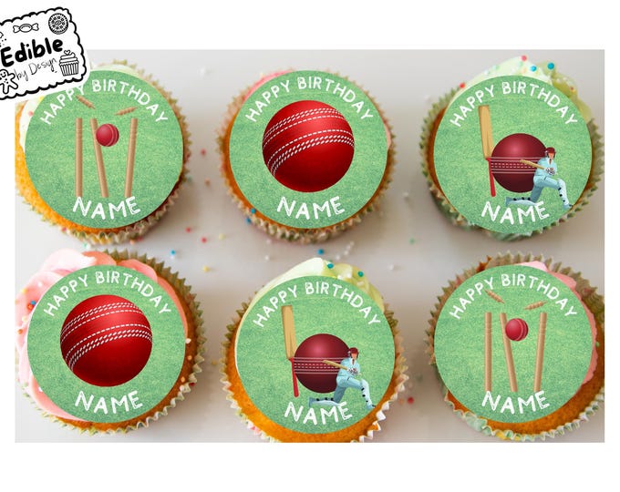 Cricket Birthday Personalised Cupcake Toppers Edible Icing Wafer Circles printed with edible ink Cricketer decoration cupcakes 2" 2.5" 3" 4"