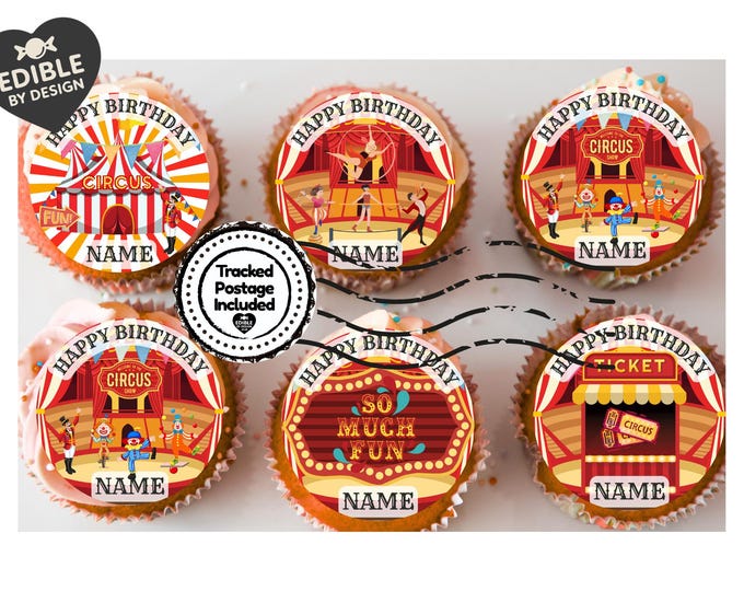 Circus Big Top Clown Acrobat Personalised Birthday Cake Toppers matching Invitations Stickers Balloon Party Pack