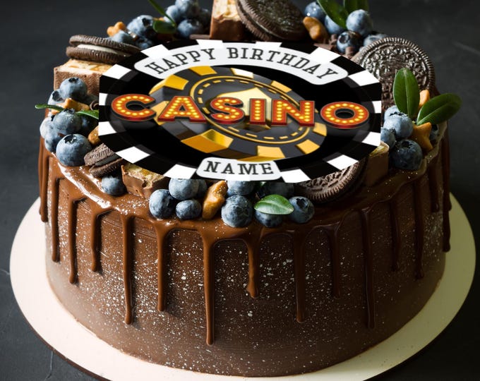 Casino Theme Birthday Round Personalised 8" Cake Topper x 1 Edible Circle printed with edible ink. Cards Chips Dice cake decoration.