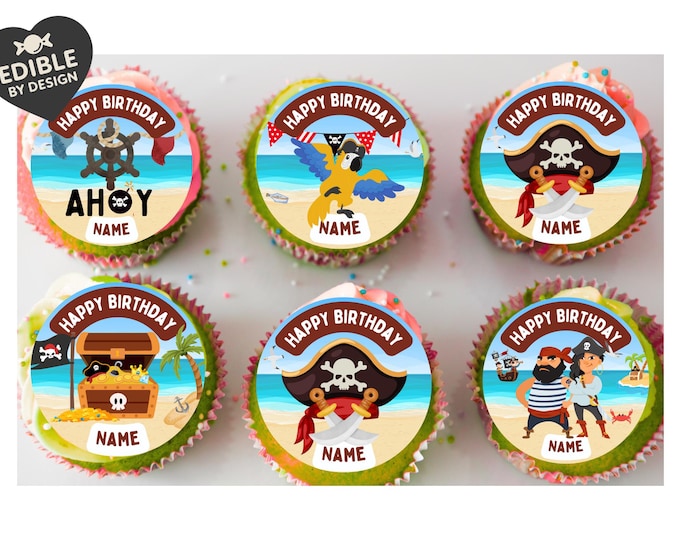 Pirate Theme Birthday Cake Toppers Personalised Name and Age Matching Stickers Balloon Invitations Pack