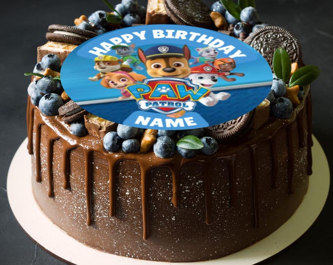 Paw Patrol Theme Birthday Large Cake Topper Edible Circle printed with edible ink Personalised with Name Age 5" 5.5" 6" 8" Icing Wafer