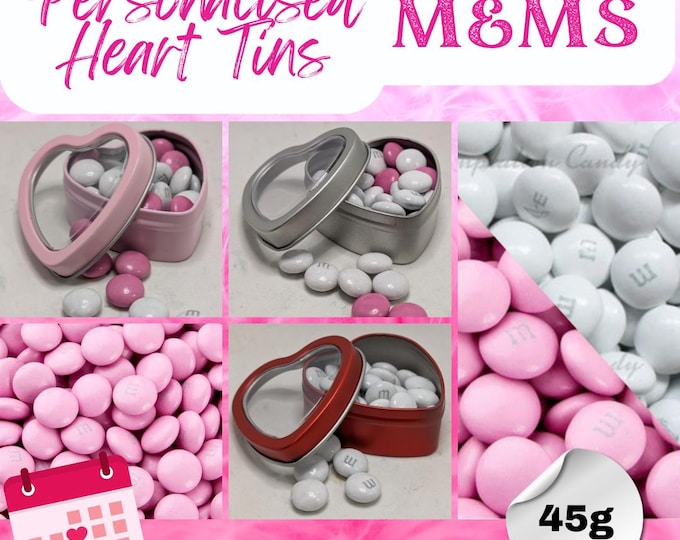 Wedding Favour Heart Shape Tin Chocolate M&Ms personalised with edible ink your choice of image, logo, photo or text - Pink, Red or Silver