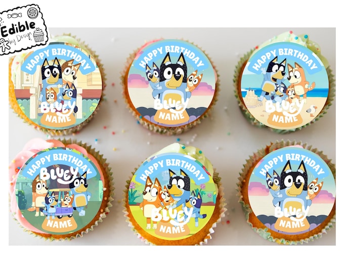 Bluey Cartoon Theme Birthday Party Cupcake Toppers Edible Circles printed with edible ink Personalised Name Age of your choice 2" 2.5" 3" 4"
