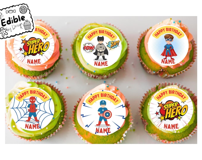 Super Hero Theme Birthday 2" Cupcake Toppers x 15 Edible Circles printed with edible ink Personalised with Name of your choice! Spiderman