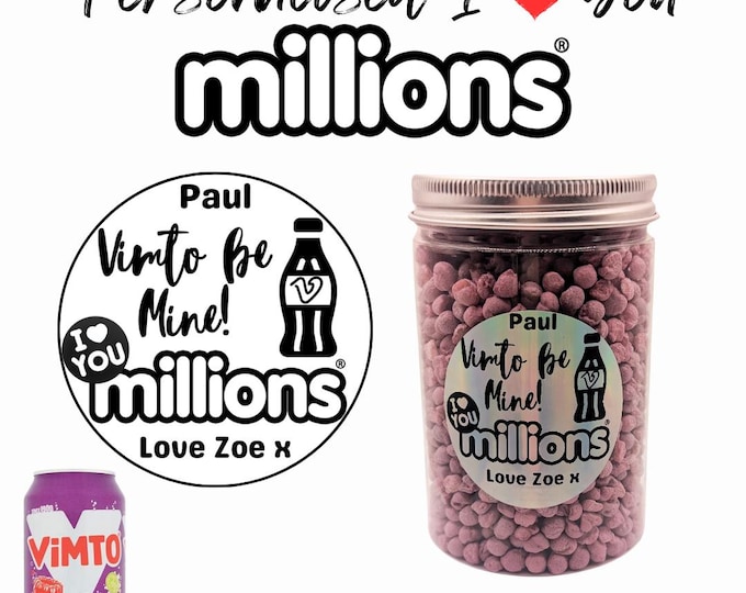 Vimto I Love You Millions - Round Jar Personalised with your choice of names on sticker - Cute Gift Perfect Birthday, Anniversary