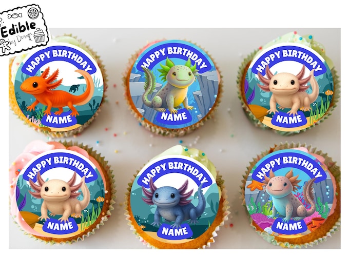Personalised Axolotl Cupcake Toppers: Edible Birthday Party Decorations in Icing or Wafer