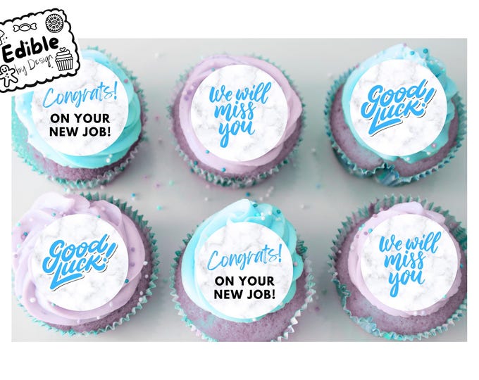 Blue Leaving Job New Job 2" Cupcake Toppers x 15 - Edible Circles printed with edible ink.  Edible toppers ready to put on your cakes!