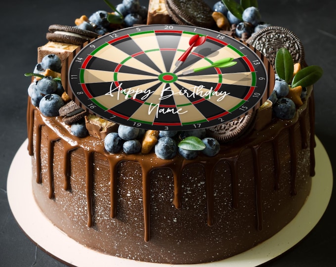 Darts Dart Board Theme Round Large Cake Topper Edible Circle printed with edible ink Personalised Name of choice 6" 6.5" 7" 8" Icing Wafer