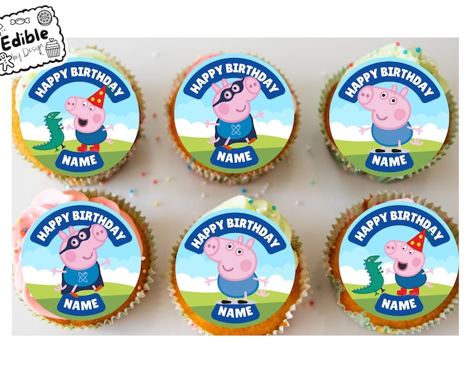 Peppa Pig George Theme Birthday Party Cupcake Toppers Edible Circles printed with edible ink Personalised with Name of your choice 2" 3" 4"